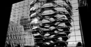 Striking black and white photo of The Vessel in New York City, showcasing modern architecture.