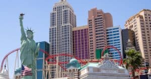 Iconic Las Vegas skyline featuring New York-New York Hotel with replica Statue of Liberty.