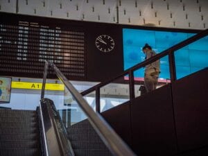 airport terminal, schedule board, escalator, airport, flight schedule board, flight information display system, airport display board, clock, screen, board, information, display