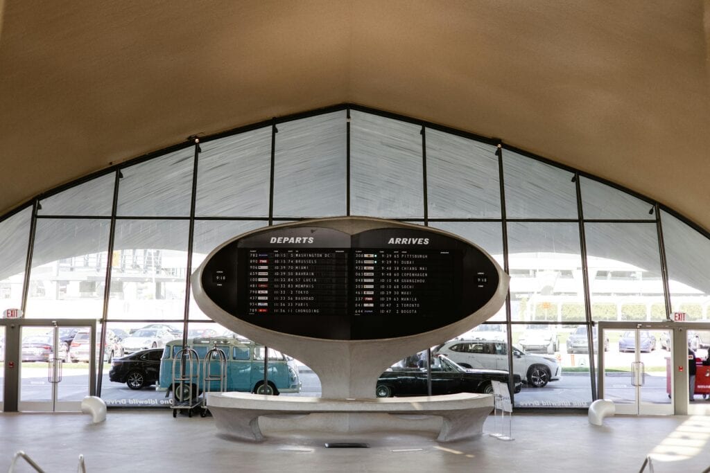 The stylish departure and arrival board at JFK's historic TWA terminal, New York.