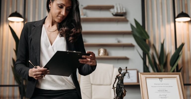 Confident businesswoman reviewing paperwork in a modern law office setting.