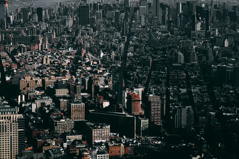 A stunning aerial shot of Manhattan's skyscrapers and urban landscape in New York City.