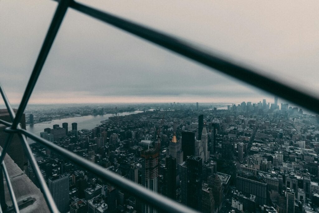 A breathtaking view of New York City's skyline at twilight with iconic skyscrapers and urban landscape.