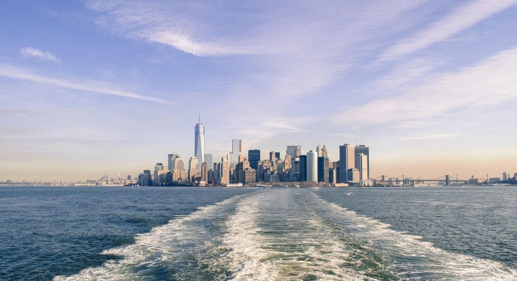 new york, sea, city, skyline, buildings, cityscape, urban, urban landscape, nature, water, boat wake, ny, usa, downtown, skyscrapers, ocean