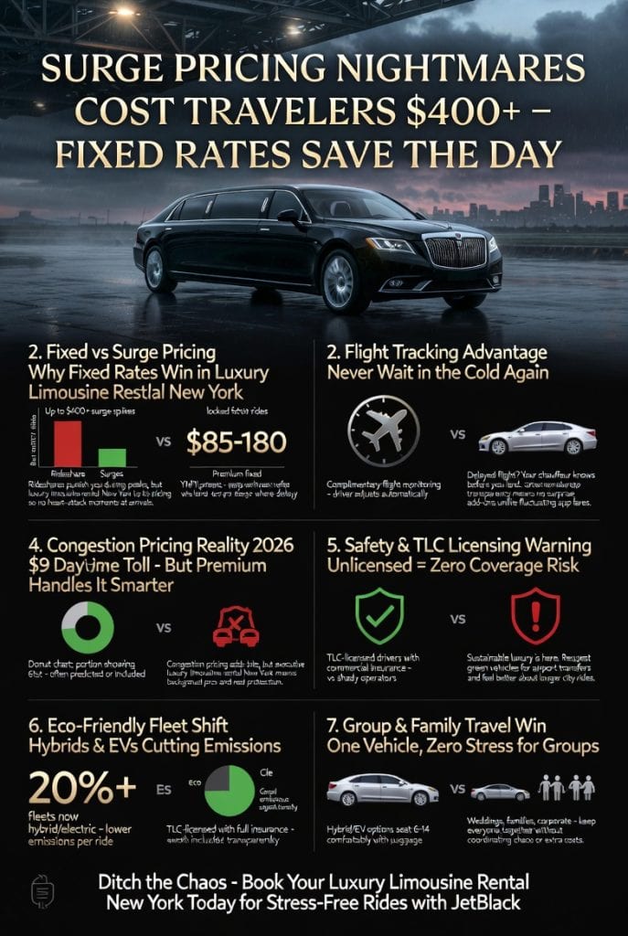  infographic Visual comparison of fixed luxury limousine rental New York rates vs rideshare surges under 2026 NYC congestion pricing