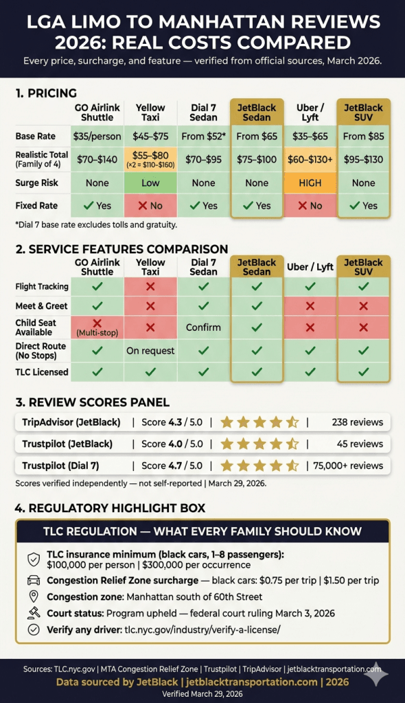 NYC for-hire vehicle comparison infographic lga limo to manhattan reviews 2026 black car rideshare taxi
