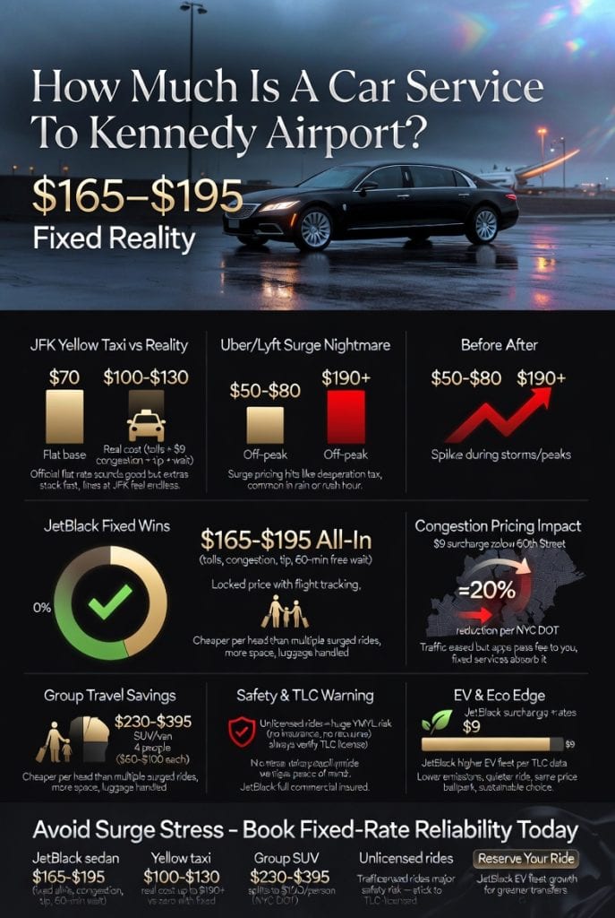 Infographic showing 2026 NYC congestion pricing impacts on limo services and how much is a car service to Kennedy Airport fixed rates