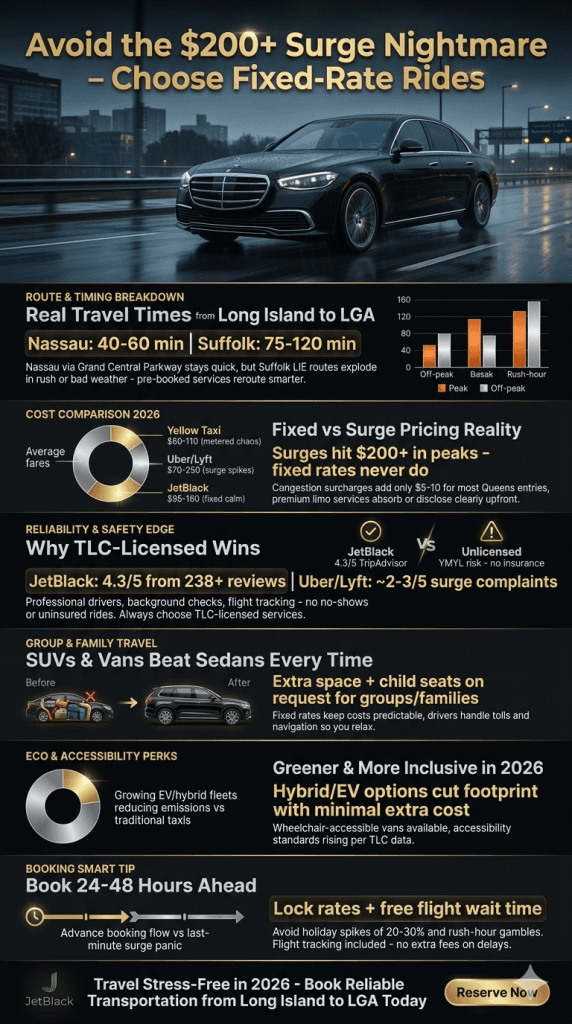 Infographic breaking down transportation from Long Island to LGA options costs and pros/cons