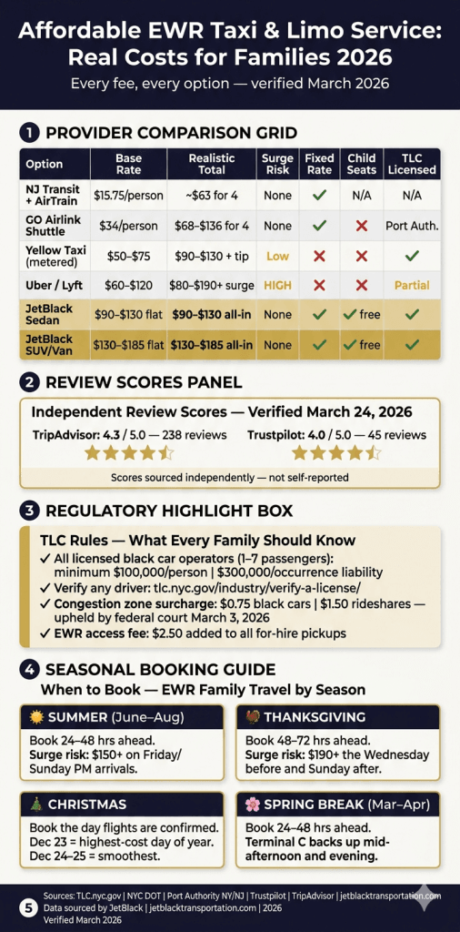 affordable EWR taxi and limo service comparison infographic Newark airport 2026 family cost breakdown