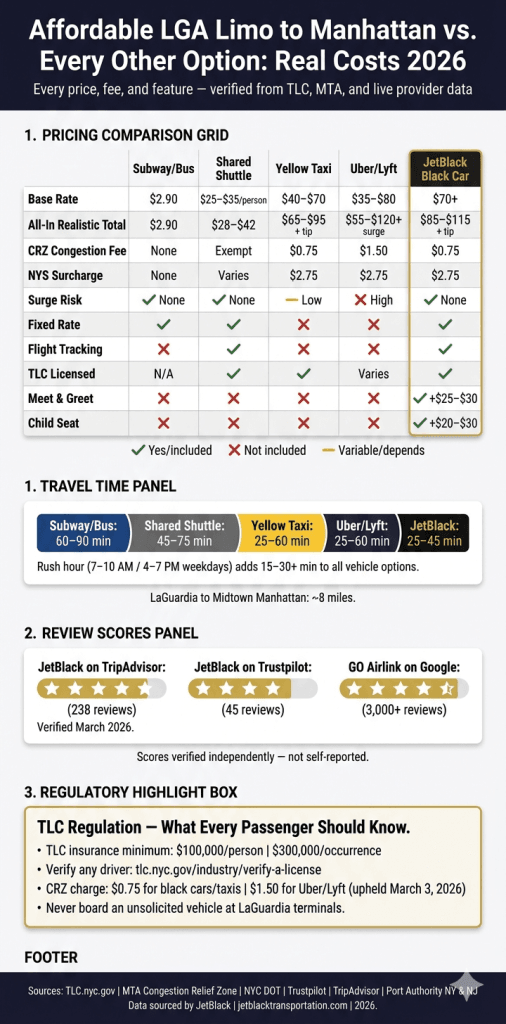 affordable lga limo to manhattan comparison infographic — black cars taxis rideshares and shuttles 2026