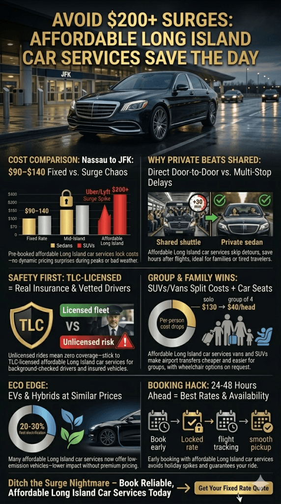 Infographic comparing affordable Long Island car services costs to JFK