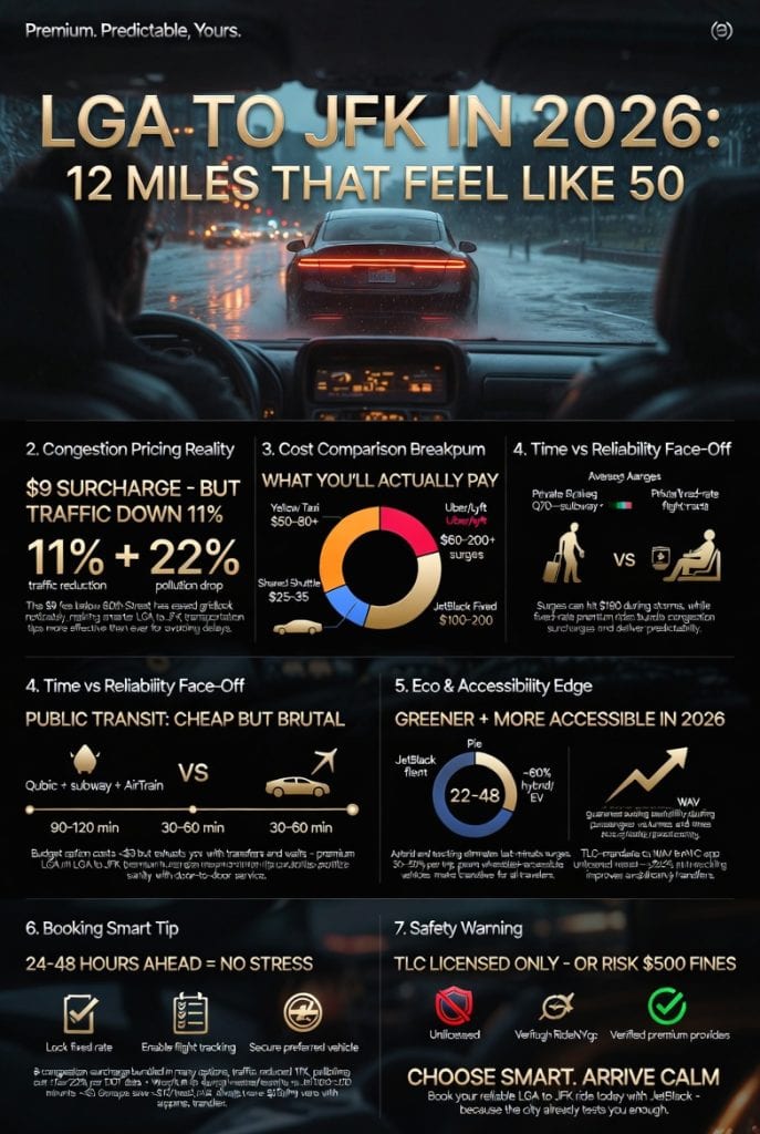  Infographic detailing LGA to JFK transportation tips costs and 2026 congestion effects