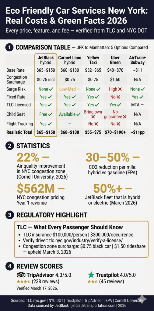 NYC for-hire vehicle comparison infographic — eco friendly car service vs rideshare vs taxi