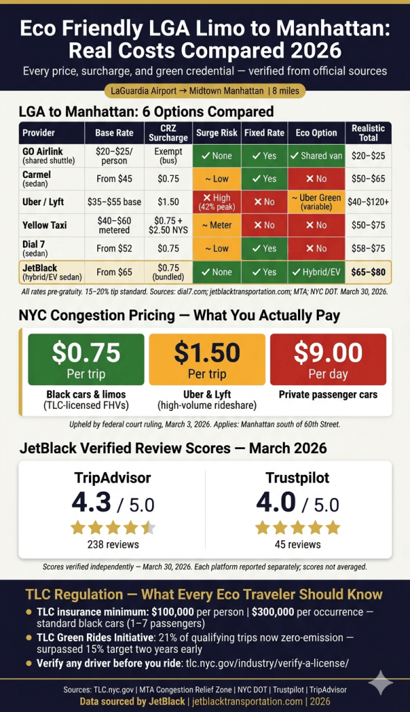 eco friendly lga limo to manhattan NYC ground transport comparison infographic 2026