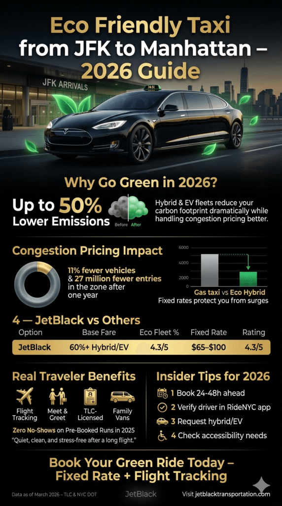 Side-by-side comparison of costs and emissions for eco friendly taxi from JFK to Manhattan