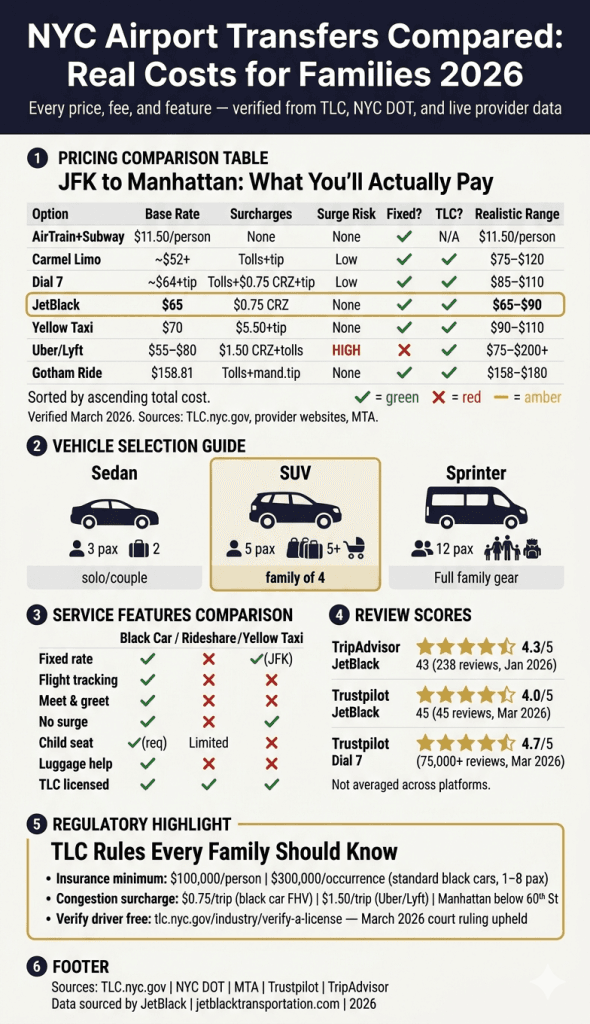 ewr taxi and limo service reviews 2026 comparison infographic black car rideshare taxi subway rates TLC licensing