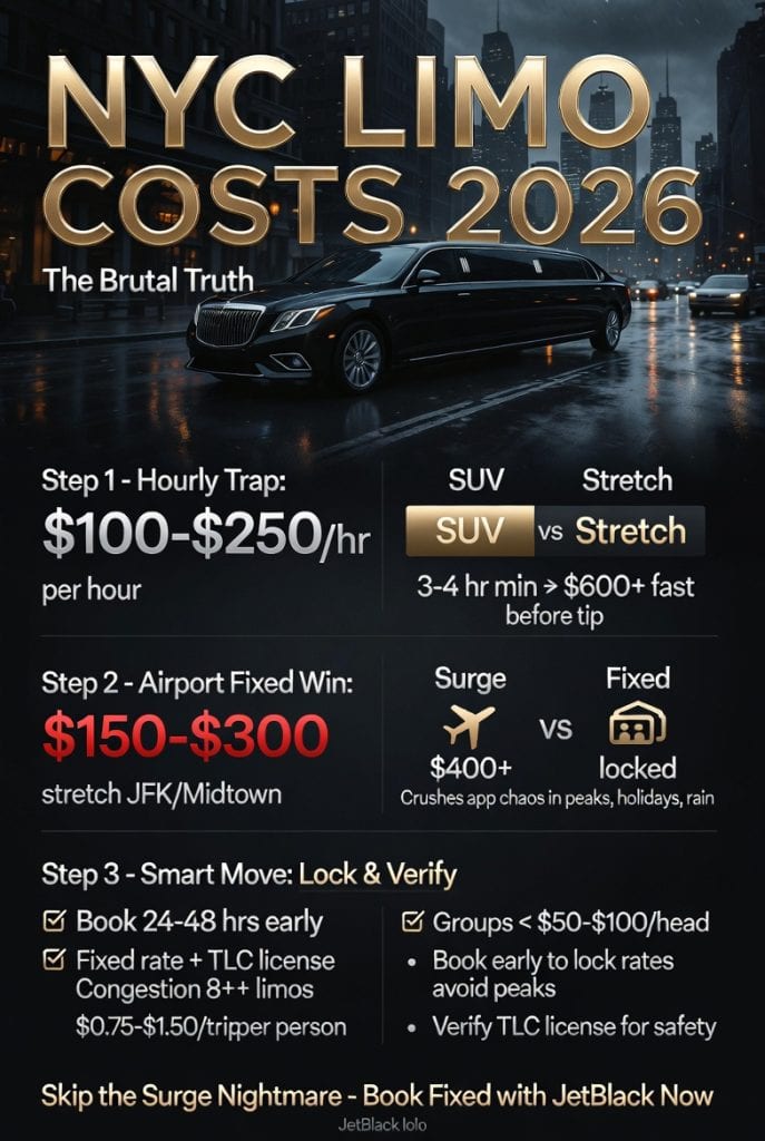 How Much Is a Limousine Rental in NYC in 2026? (The Brutal Truth + Real Numbers) 3 Infographic how much is a limousine rental in nyc