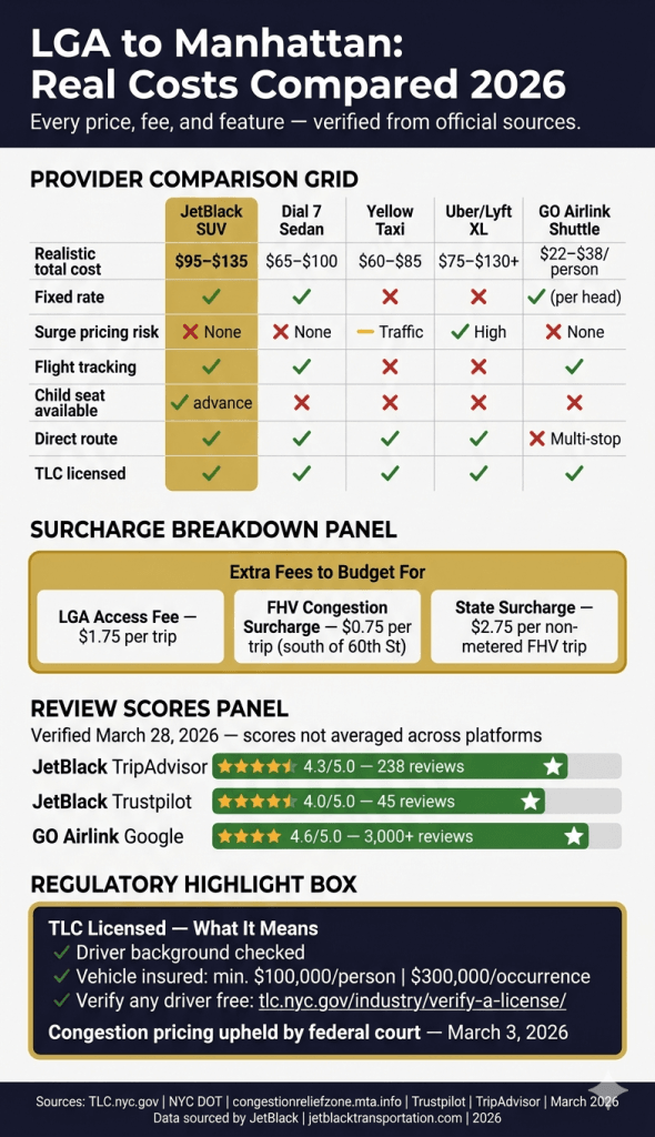 how to book a limo from LGA to Manhattan cost comparison infographic 2026