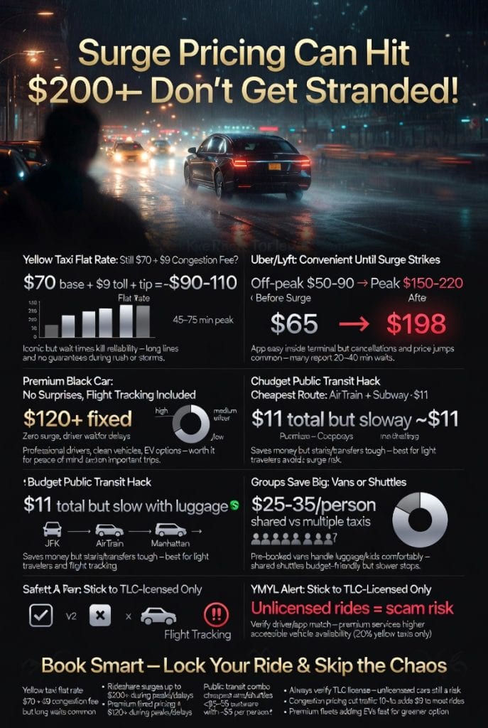 infographic Visual guide showing real costs when figuring out how to book a taxi to JFK including congestion fees and surge risks