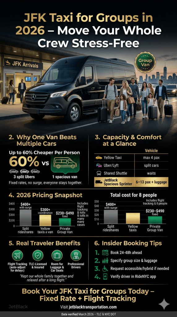 Side-by-side chart showing per-person pricing and capacity for JFK taxi for groups options