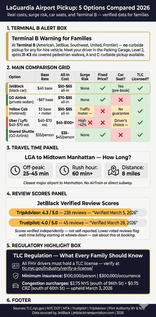 laguardia airport pickup options comparison infographic black car taxi rideshare shuttle LGA 2026