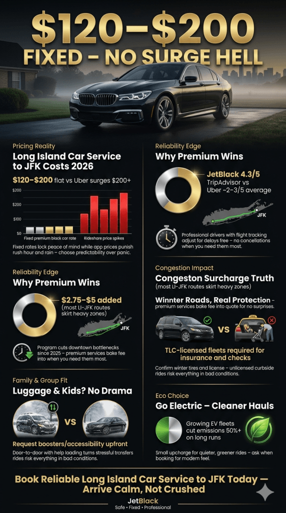 Visual comparison of reliable Long Island car service to JFK pricing, times, and reliability