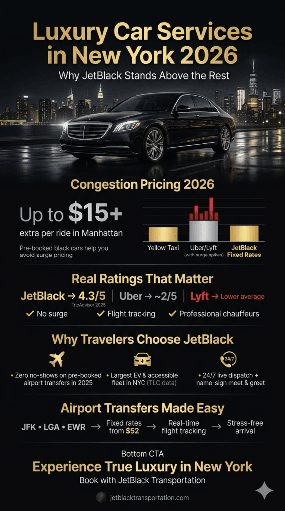 NYC ground transportation comparison 2026 luxury car services In New York family options infographic