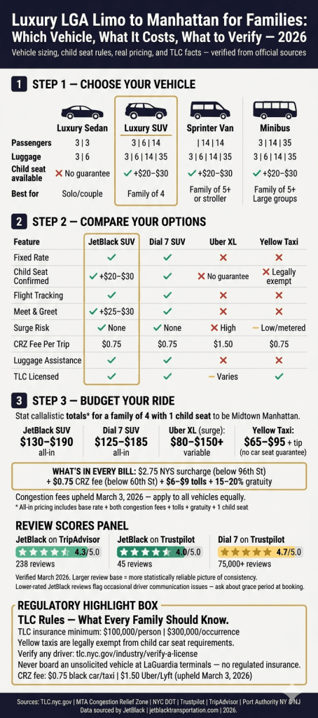 luxury lga limo to manhattan family vehicle comparison infographic 2026