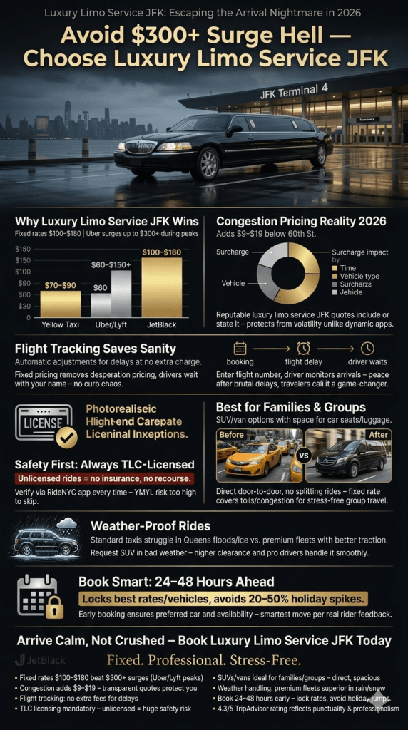  Infographic showing 2026 NYC congestion pricing impacts on luxury limo service JFK