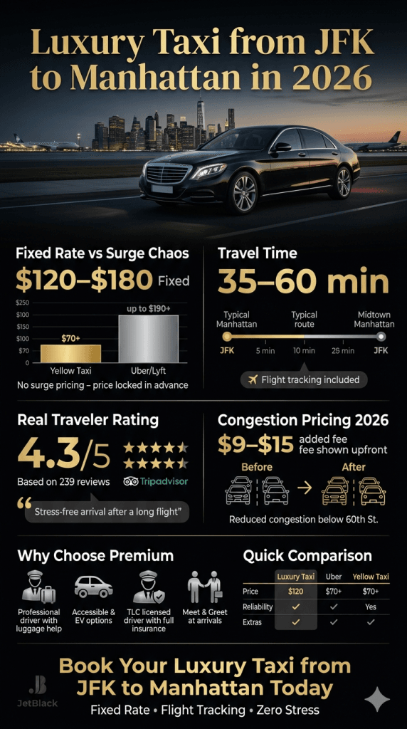  Infographic showing 2026 NYC congestion pricing impacts on luxury taxi from JFK to Manhattan