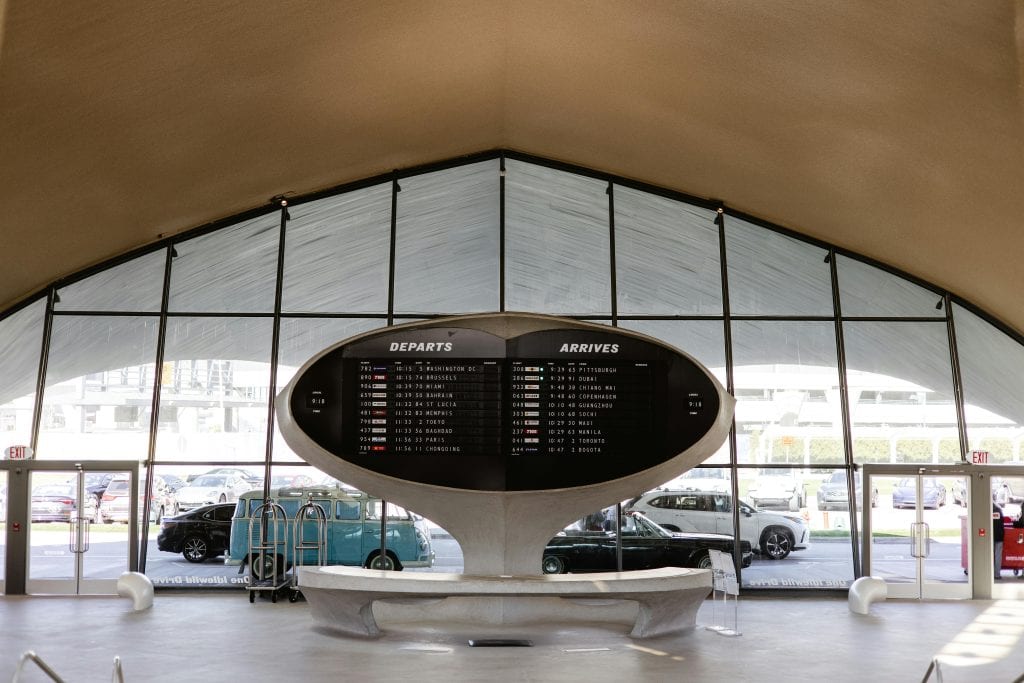 The stylish departure and arrival board at JFK's historic TWA terminal, New York.