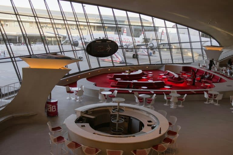 Explore the vintage architecture and design of the TWA Hotel at JFK Airport, New York.