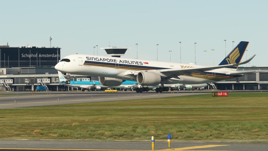 Singapore Airlines Airbus A350 taxiing at Amsterdam's Schiphol Airport.