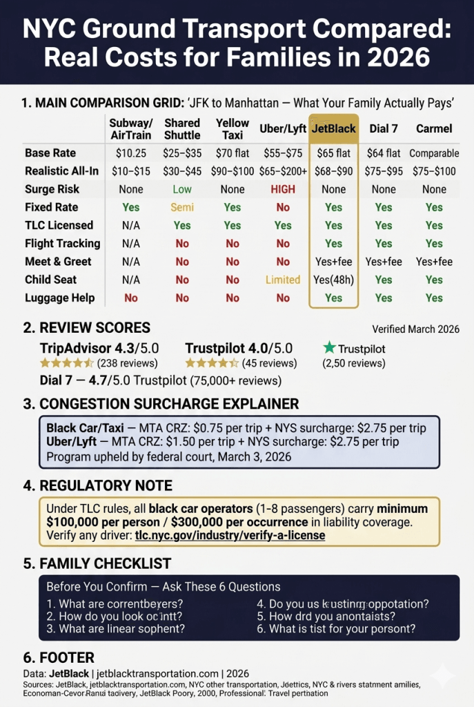 NYC For-Hire Vehicle Landscape 2026 NYC for-hire vehicle landscape infographic comparing reliable car services in new york black cars yellow taxis rideshares by licensing insurance and fixed rates