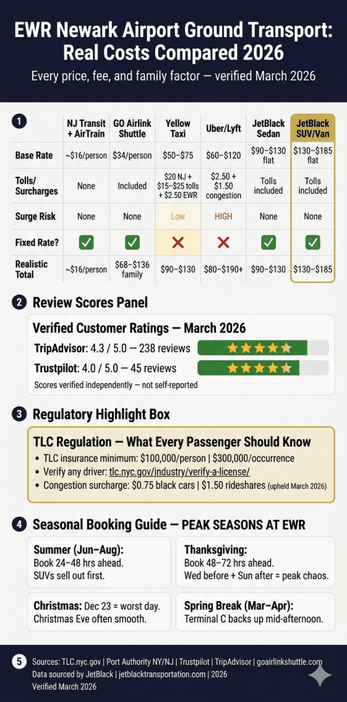 reliable EWR Newark airport taxi and limo service comparison infographic black car shuttle taxi rideshare 2026
