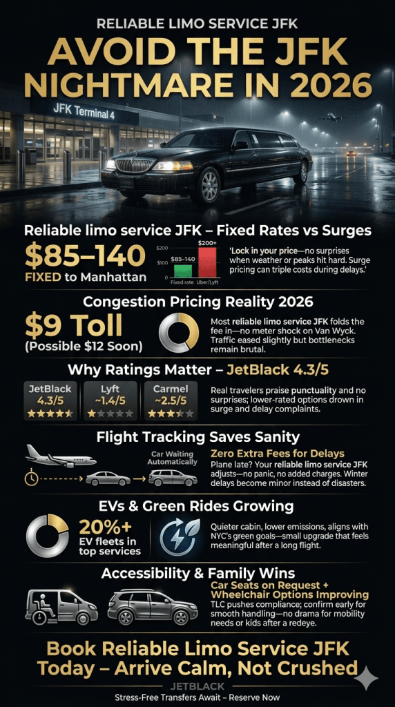  Infographic comparing reliable limo service JFK costs against taxis, rideshares, and shuttles in 2026