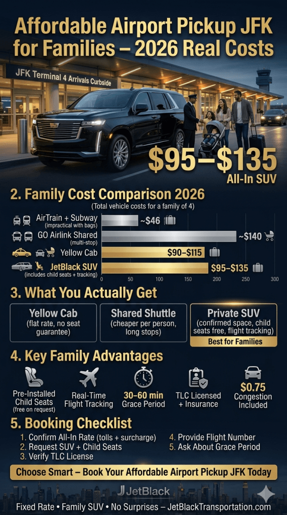 affordable airport pickup JFK NYC for-hire vehicle comparison black car yellow cab rideshare shuttle 2026