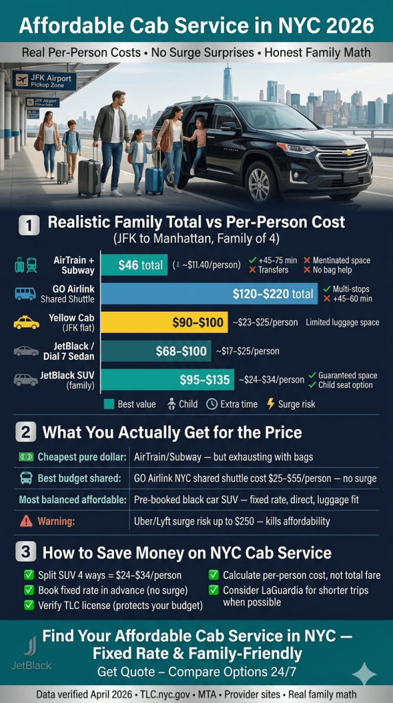 affordable cab service in nyc cost comparison family four passengers JFK 2026
