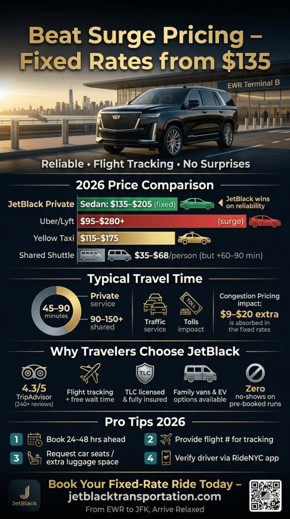 Infographic comparing affordable car service Newark airport to JFK pricing, time, and reliability 2026