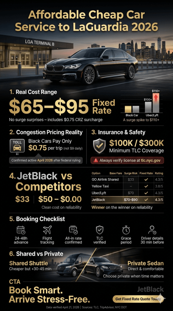 NYC for-hire vehicle landscape comparing affordable cheap car service to LaGuardia options including black cars, taxis, rideshares, and shared shuttles