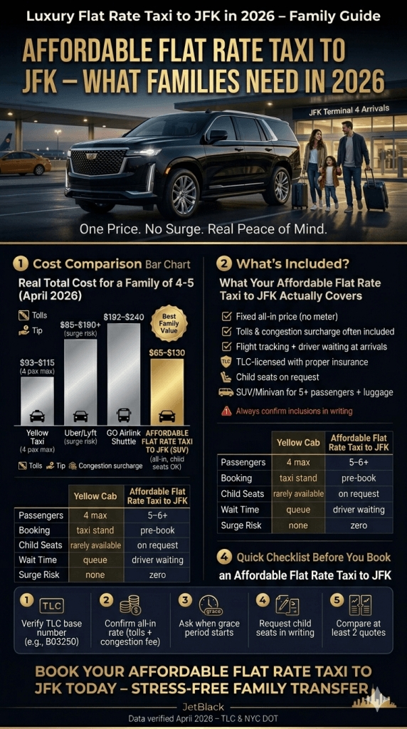 affordable flat rate taxi to JFK infographic comparing yellow cab black car rideshare costs 2026