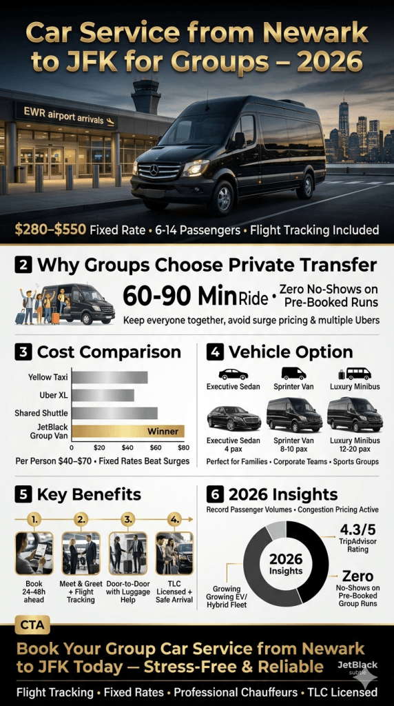 Infographic showing 2026 NYC congestion pricing impacts on car service from Newark to JFK for groups