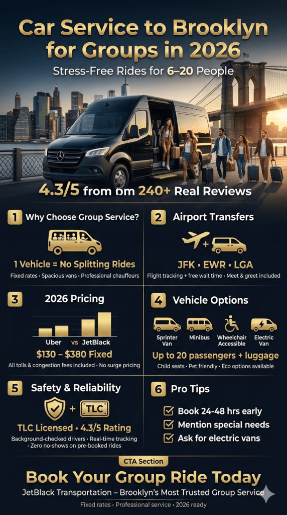 Infographic showing 2026 NYC congestion pricing impacts on group car service to Brooklyn for groups