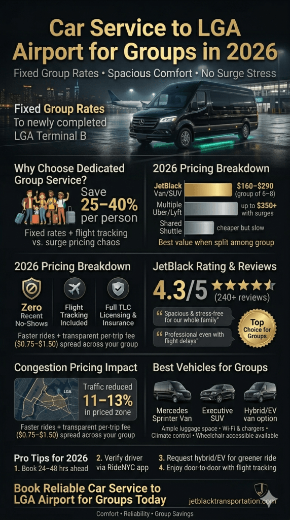 car service to lga airport for groups Infographic comparing costs, ratings, and benefits for car service to LGA airport for groups including congestion pricing impacts and per-person savings