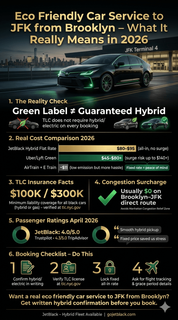 eco friendly car service to JFK from Brooklyn comparison infographic NYC for-hire vehicles black car hybrid rideshare taxi 2026