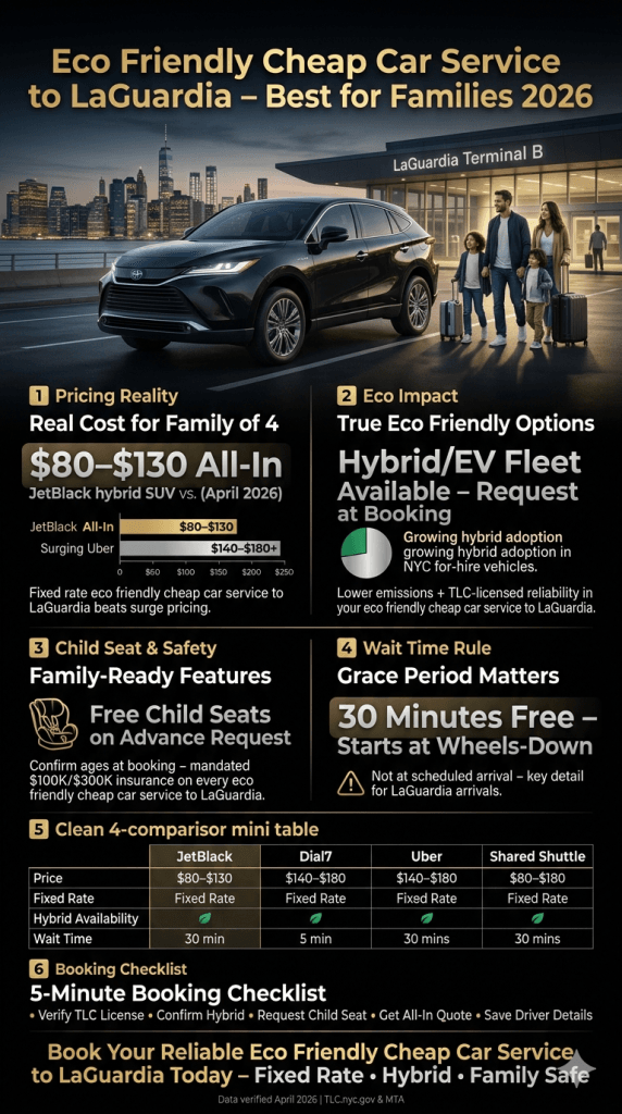 eco friendly cheap car service to LaGuardia comparison infographic — black car vs rideshare vs taxi vs shuttle