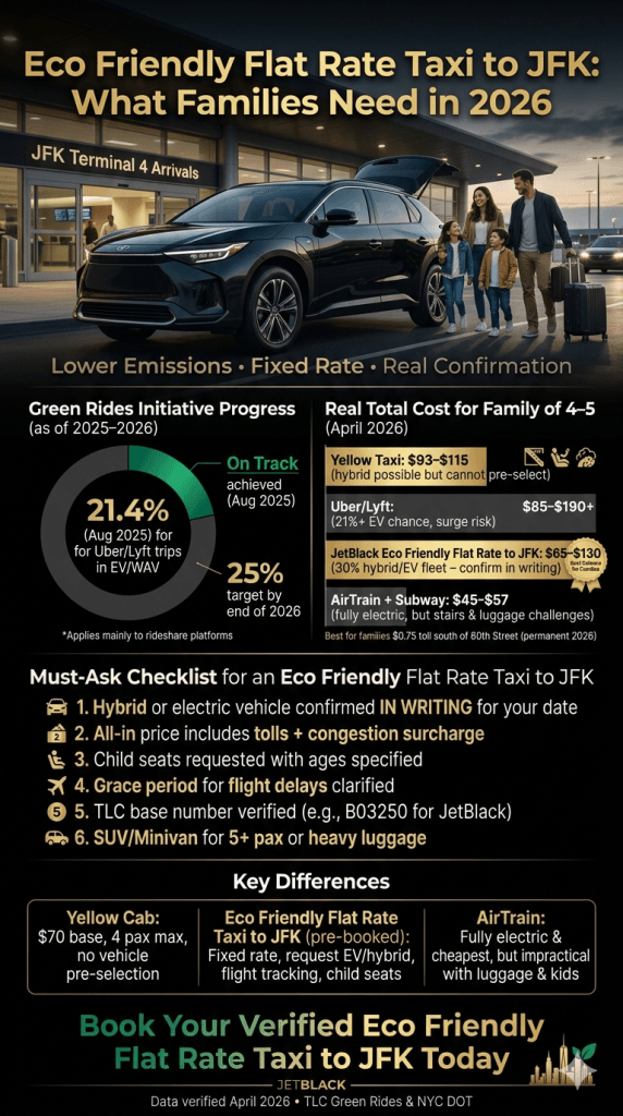 eco friendly flat rate taxi to JFK infographic comparing EV hybrid yellow cab rideshare black car emissions costs 2026