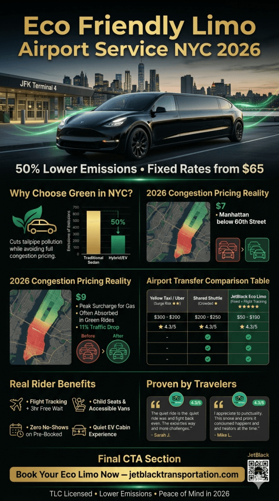Visual breakdown of how eco friendly limo airport service NYC saves money and emissions under 2026 congestion pricing