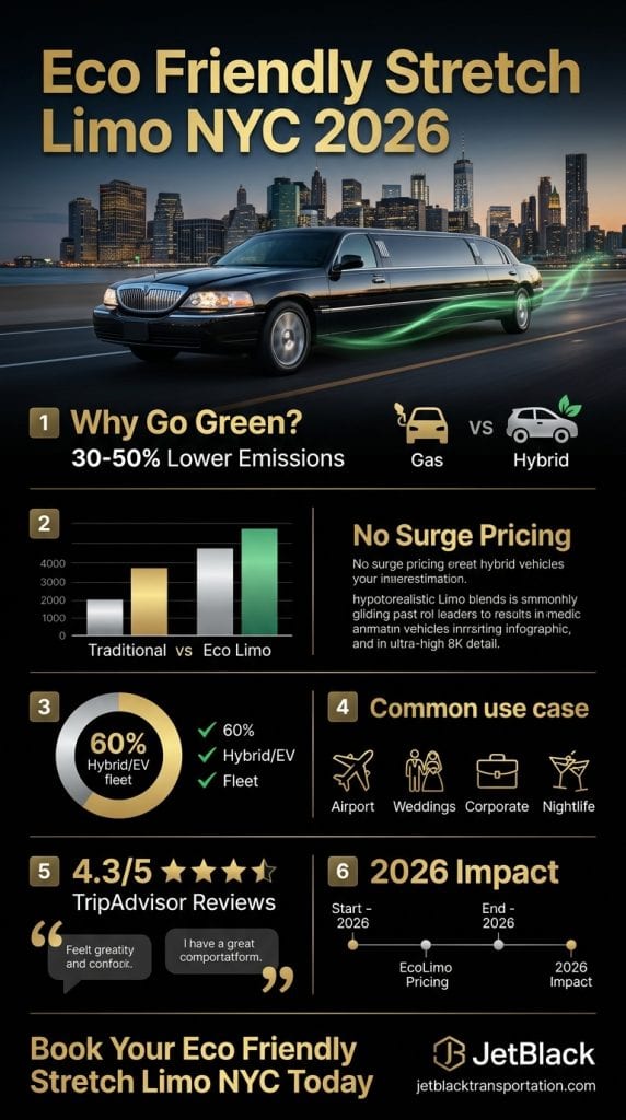 Infographic comparing eco friendly stretch limo nyc savings on emissions and surcharges 2026