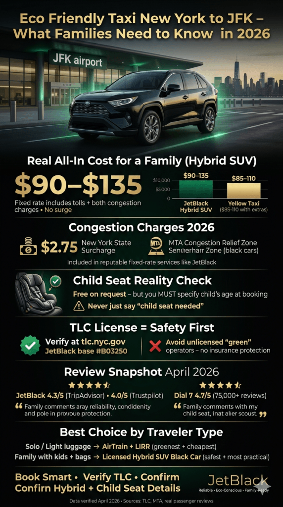 eco friendly taxi new york to jfk comparison infographic showing NYC for-hire vehicle options by licensing tier insurance minimum surge pricing and fixed rate availability